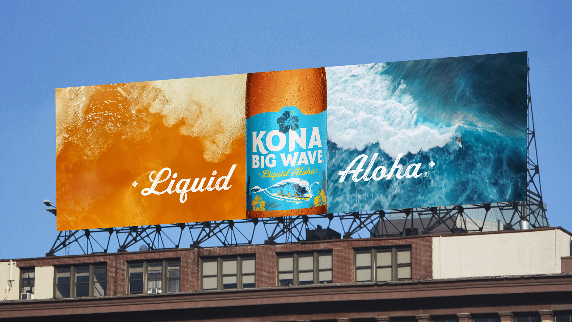 rooftop billboard featuring a bottle of Big Wave in the center with a matching shot of ocean waves on one side and pouring beer on the other with the tagline: Liquid Aloha.