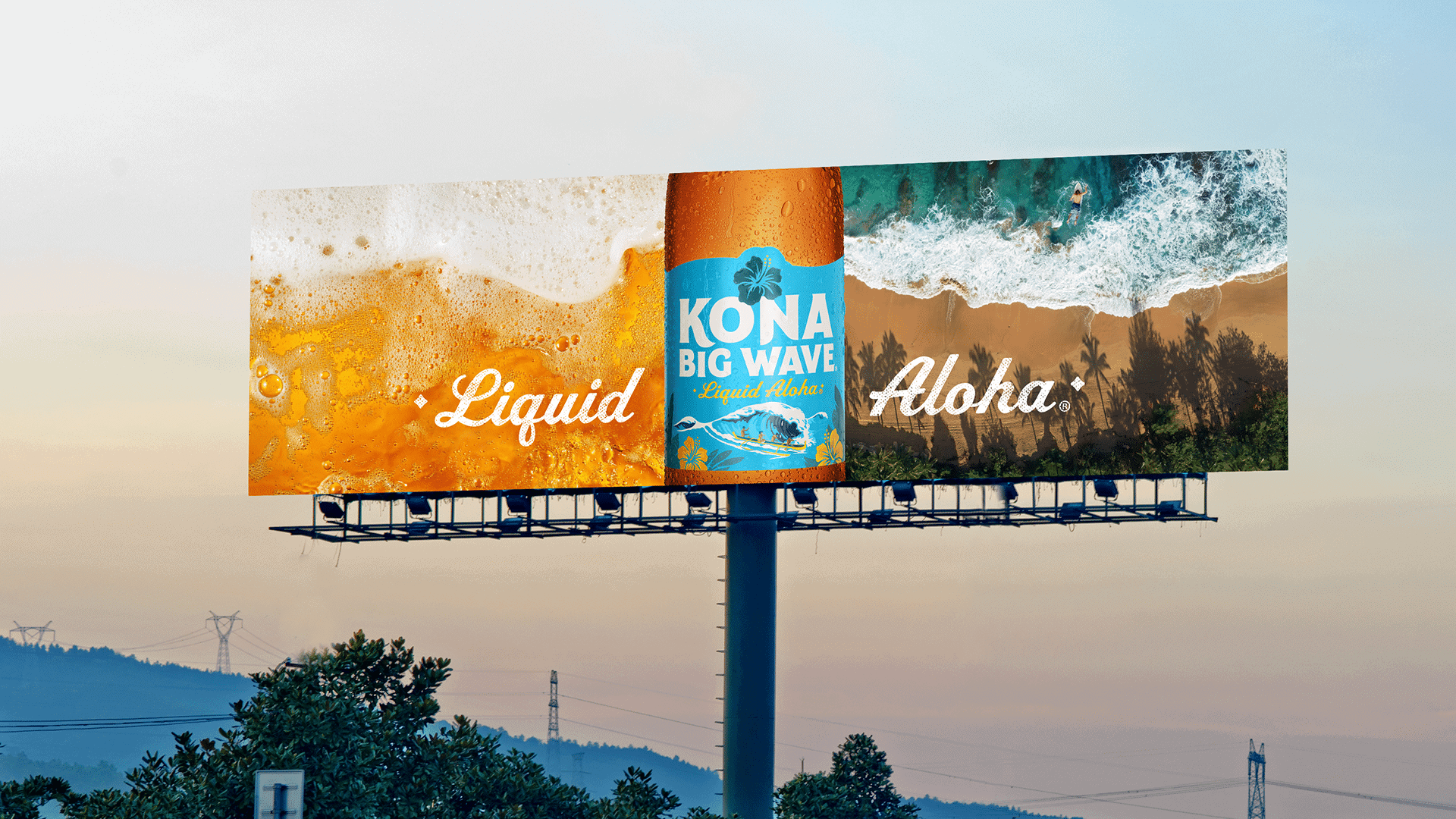 freestanding billboard featuring a bottle of Big Wave in the center with a matching shot of a surfer swimming out into a wave on one side and pouring beer on the other with the tagline: Liquid Aloha.
